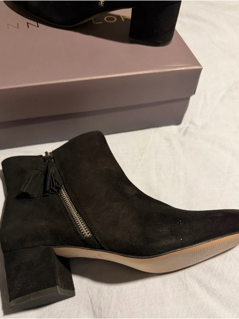 Ann Taylor Black Suede Tassel Zip Ankle Boots